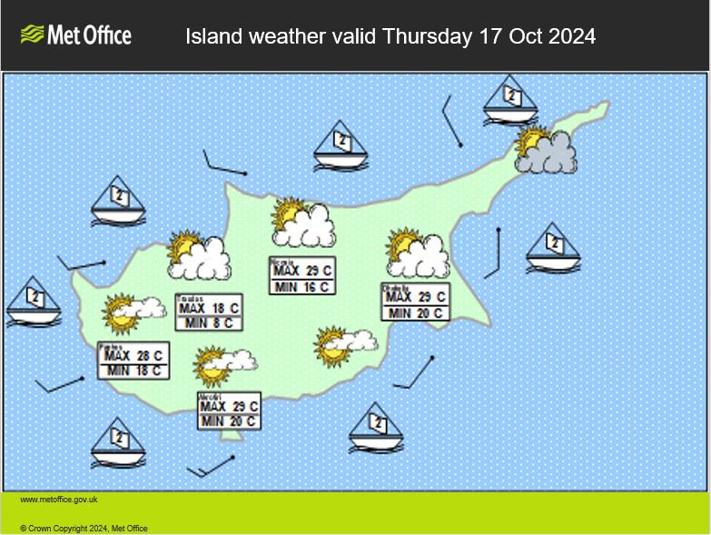 Some coastal low cloud soon clearing, while a few showers may affect the northeast at first. Then a largely fine and bright morning expected with patchy high cloud. Cloud bubbles up at Troodos and the central plains giving a risk of a shower, this perhaps drifting east later.