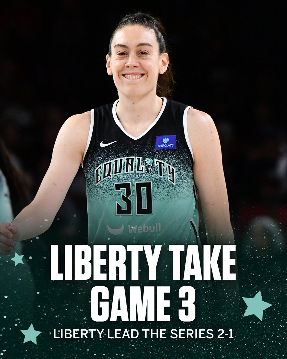 espn's tweet photo. THE NEW YORK LIBERTY COME BACK FROM A 15-PT DEFICIT AND ARE NOW ONE WIN AWAY FROM THEIR FIRST WNBA TITLE 🗽 https://t.co/2vqr2FajJt