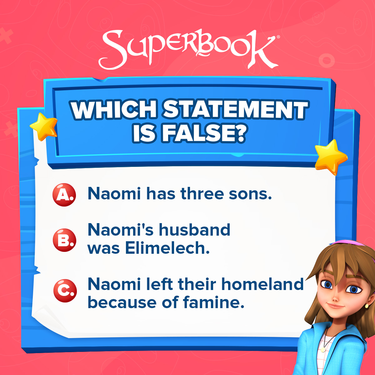 SuperbookTV's tweet image. Let’s see how well you know Bible facts! Share the correct answer below! ⬇️ #WhichStatementIsFalse #BibleGames #BibleTrivia #TwitterGames