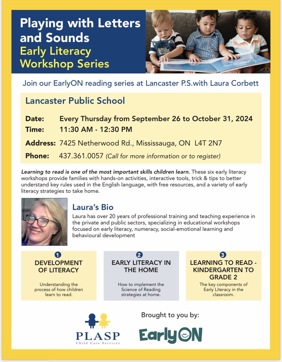 Parents play a very important role in supporting their children’s early literacy development. This workshop is for parents and caregivers. Join us at Lancaster EarlyON to learn research based strategies that you can easily incorporate at home <a href="/PeelSchools/">Peel District School Board</a>  #EarlyON
