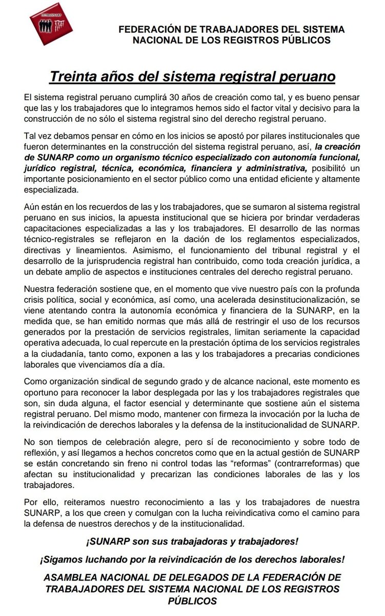 fetrasinarp's tweet photo. 30 años de SUNARP, las y los trabajadores contribuyeron a la construcción del sistema registral peruano.
En tiempos de crisis política, social y económica, las y los trabajadores defenderemos nuestros derechos y la institucionalidad de SUNARP. https://t.co/VBQ9ruM3XN