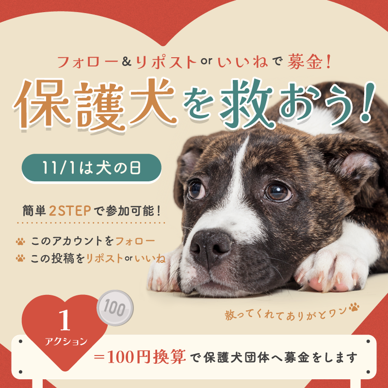 ＼フォロー＆リポストで募金／
保護犬を救おう！🐕

🔻参加方法
1⃣ <a href="/doggyman_pr/">ドギーマン公式／ペットライフのよきパートナー</a> をフォロー
2⃣この投稿をリポスト(いいねも可)

1アクション=100円換算で、みなさまのお気持ちをドギーマンハヤシが代わって保護犬団体へ募金します💌

⬇️保護犬ちゃんの素敵なお写真もコメント欄にてお待ちしてます✨