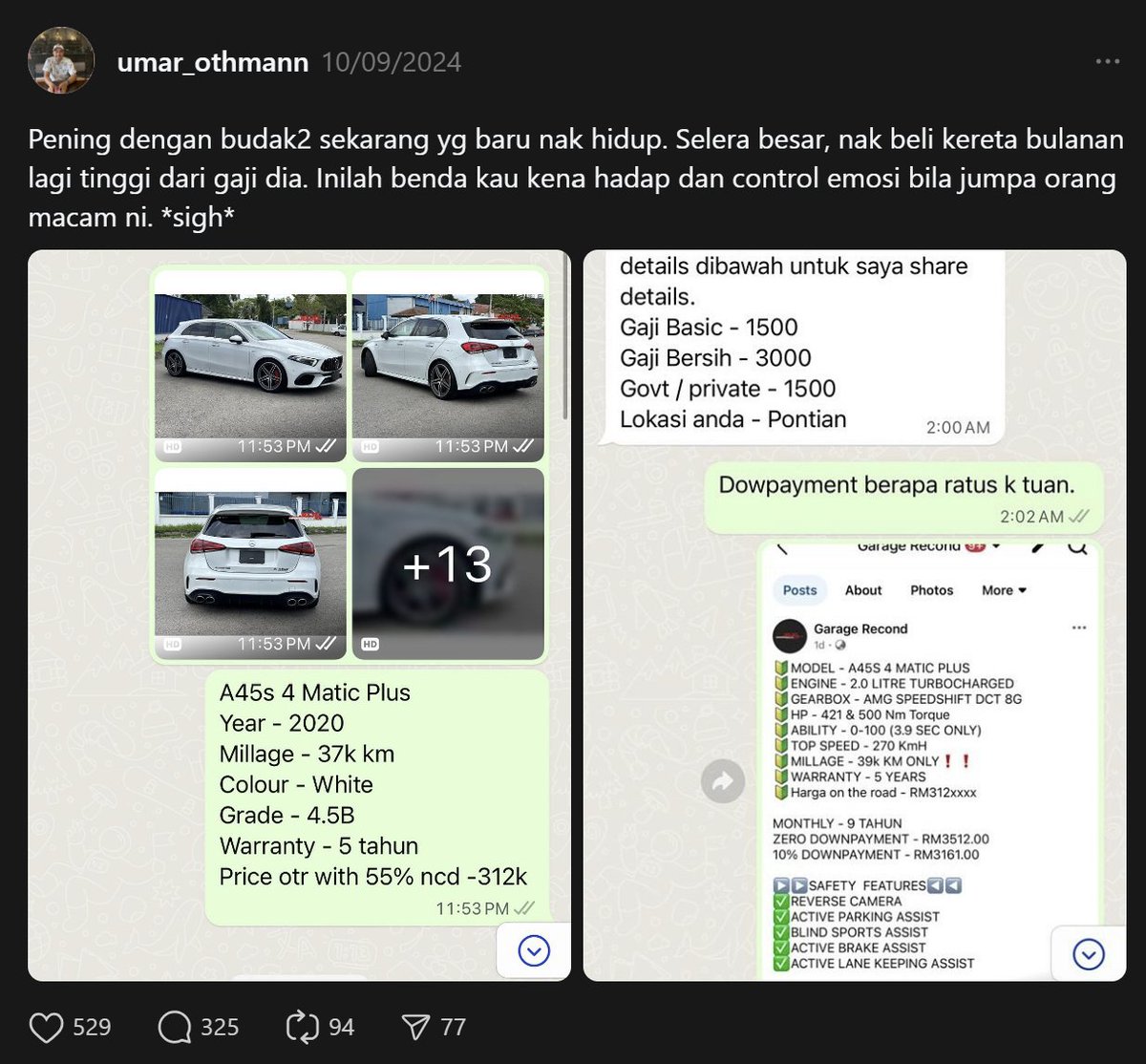 TheFuturizts's tweet photo. Salary: RM3,000

Desired car: RM312,000

Required downpayment: >RM200,000

This guy’s current savings: RM5,000 😭 https://t.co/y4hz1UgPWB