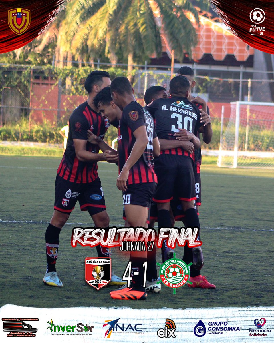 ¡𝐀𝐐𝐔𝐈 𝐂𝐎𝐌𝐀𝐍𝐃𝐀 𝐄𝐒 𝐄𝐋 𝐑𝐎𝐉𝐈𝐍𝐄𝐆𝐑𝐎! 🫡

#LigaFUTVE2  | J27 | Final del partido. 

Atlético La Cruz 4-1 Maritimo LG

⚽️ Carlos Alemán 24’ 64’(P) 
⚽️ Tony Urbano 45’ 
⚽️ Oscar Jimenez 90’ 
X
Jhon Escobar 35’ 

🏟 Estadio Comanche Bottini 

#EstoEsLaCruz 🔴⚫️