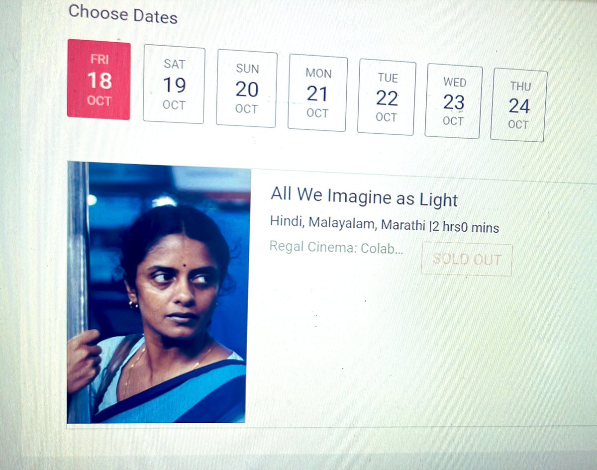 baieemaanus's tweet photo. Booking a show for MAMI Mumbai Film Festival 2024, is worse than booking for tatkal tickets. In less than 2mins it’s sold out! You need to know the game well! And of course it’s designed to structurally exclude plenty of people :) https://t.co/kR6u9rg5oY
