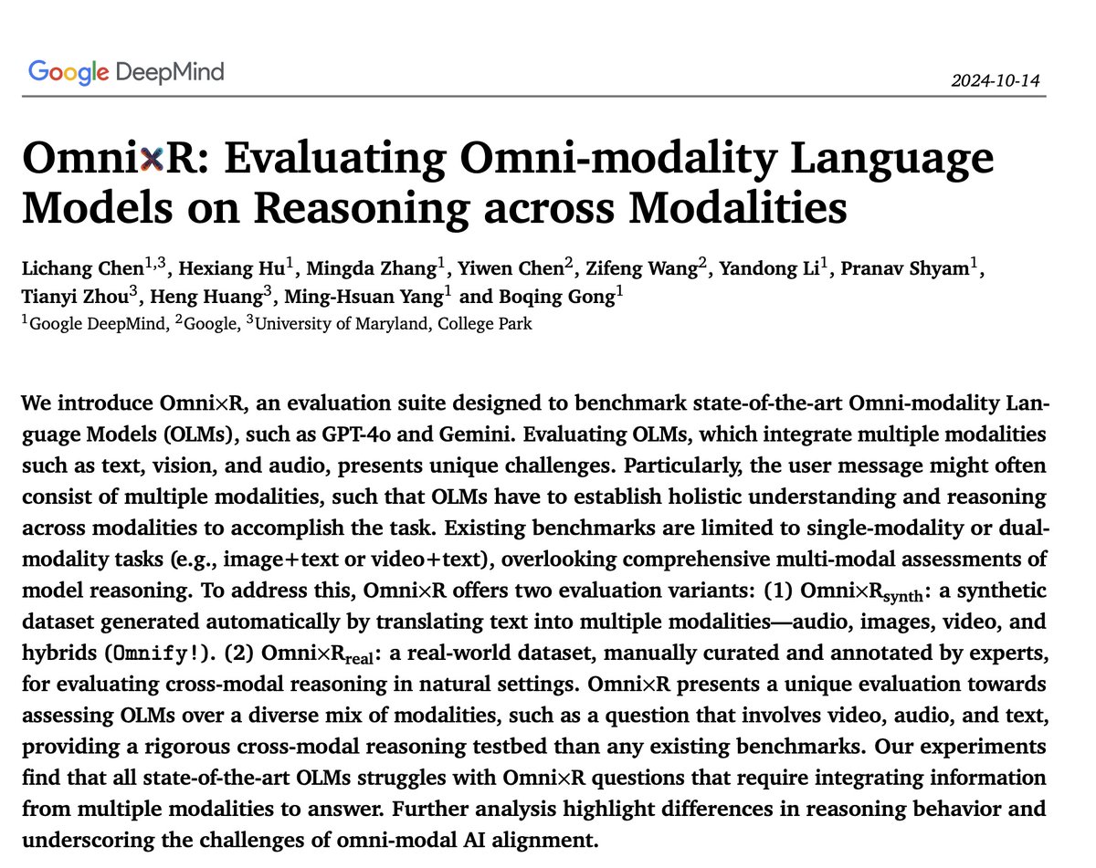 🚨 Excited to share our latest work <a href="/GoogleDeepMind/">Google DeepMind</a>: OmnixR, an evaluation suite for evaluating the reasoning of Omni-Modality Language Models' (OLMs) across modality. We observe the significant reasoning performance drops of all the SoTA OLMs on other modalities compared to the