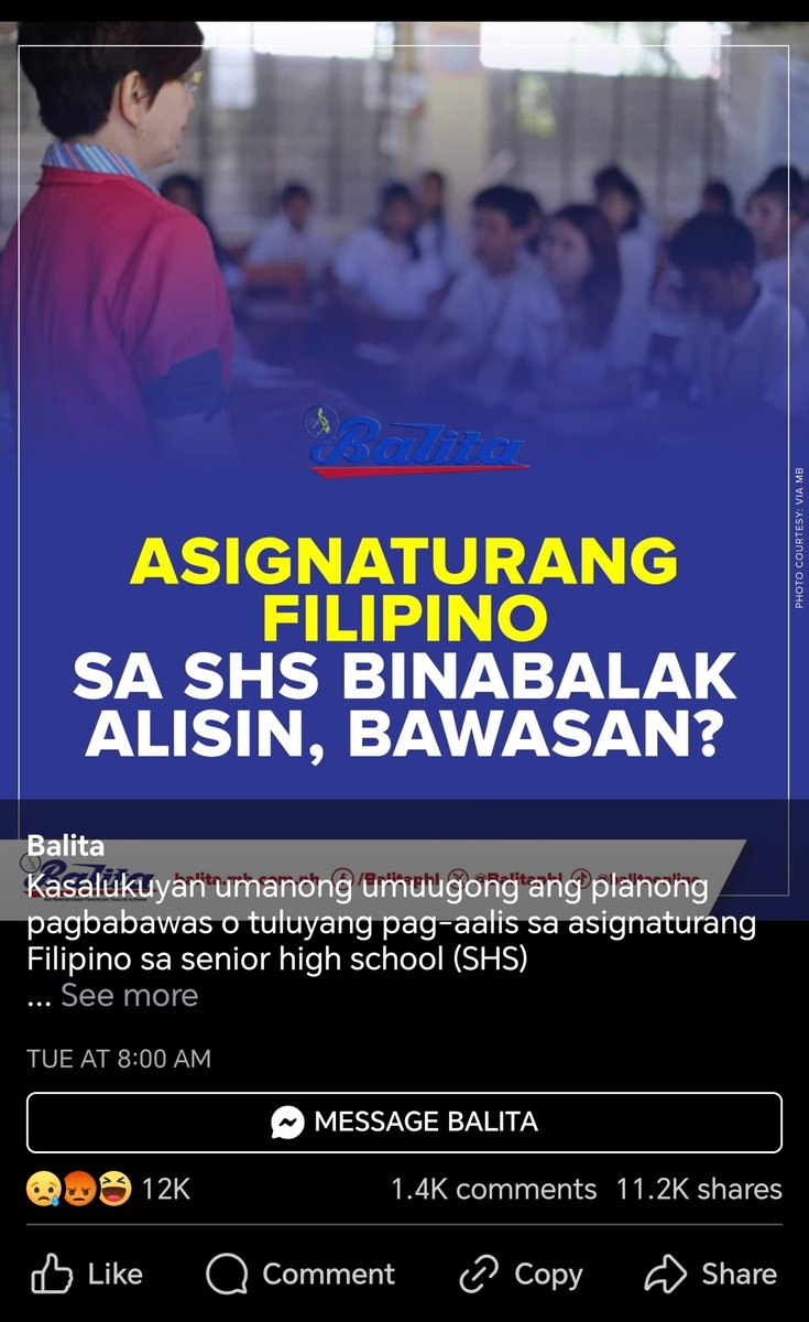 the (potential power) of (social) media. Ang orig post ng Tanggol Wika na cited extensively sa ulat na ito ng pahayagang <a href="/Balita/">balita</a> ay may mahigit 200 reacts at 300 shares lamang. Samantala, ang post ng Balita sa Facebook ay may mahigit 12,000 likes at 11,000 shares na. 1/3
