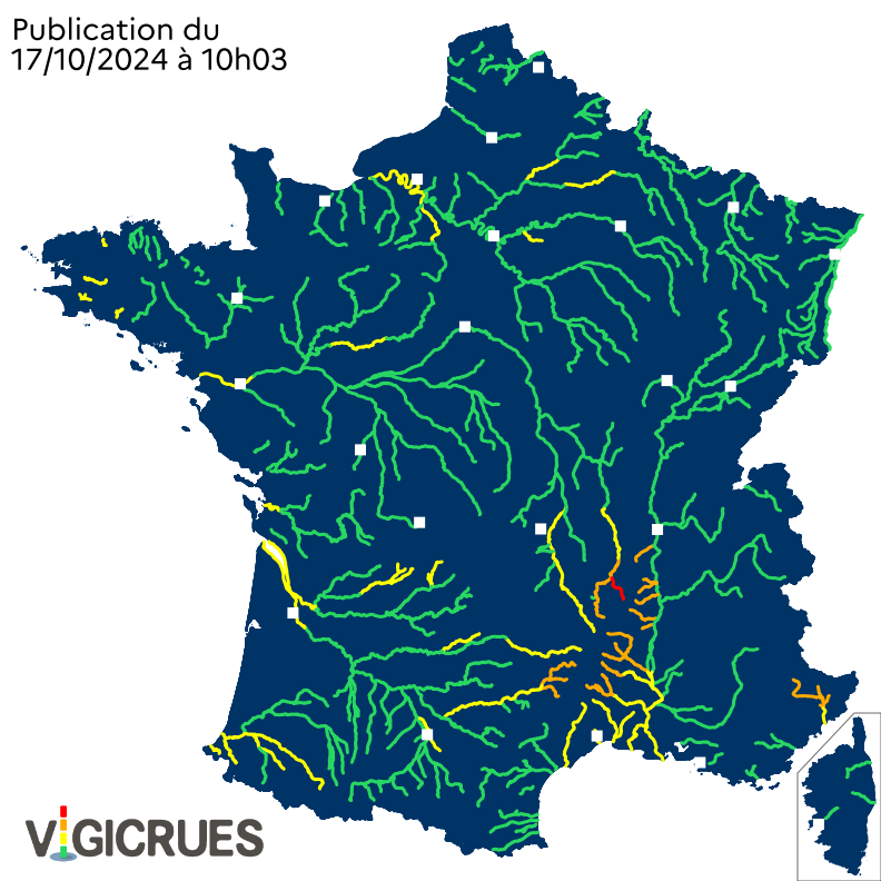 Vigicrues's tweet photo. Passage en #VigilanceRouge du #Lignon (dép. 43)
Passage en #VigilanceOrange du #Gier (dép. 69) et du #Var (dép. 04, 06).
Maintien des cours d'eau déjà en #VigilanceOrange crues.
Restez bien informés sur https://t.co/df6JDFOHeL https://t.co/iRkzi9eIH8