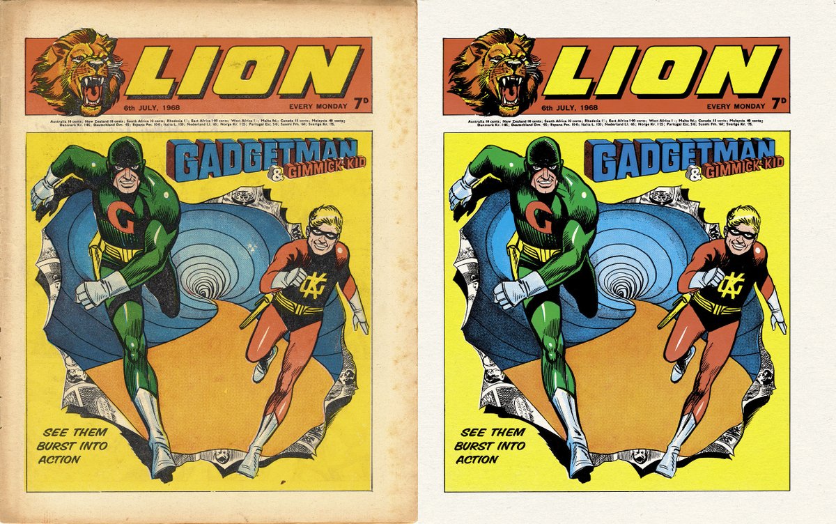 GADGETMAN &amp; GIMMICK-KID! The Terrific Twosome, created and written by Superman co-creator JERRY SIEGEL, appeared weekly in UK comic LION for several months in 1968. The pun-tastic strip was heavily influenced by the Batman tv show. Cover art by Geoff Campion, digitally restored.