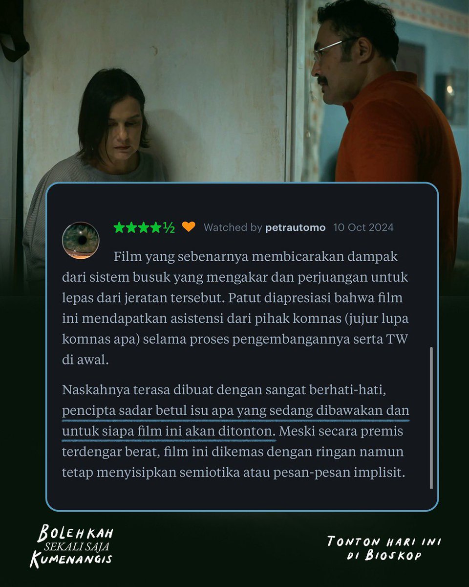 Terima kasih review terbaiknya teman-teman 🤍

Coba absen dulu yang hari ini nonton Bolehkah Sekali Saja Kumenangis di bioskop? 🙋🏻‍♀️

Semoga filmnya berkenan di hati kamu. Kami tunggu testimoninya ya 🫶🏼

#BolehkahSekaliSajaKumenangis #BSSK #SetiapLukaPastiBisaSembuh
