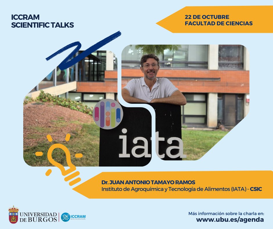 #ICCRAMScientificTalks El Dr. Juan A. Tamayo-Ramos (<a href="/iata_csic/">IATA CSIC</a>) impartirá una charla sobre estrategias biotecnológicas para optimizar la cadena de valor agroalimentaria.

📅Martes, 22 de octubre.
⌚13:00 horas.
📍Salón de actos - Facultad de Ciencias.

🔗ubu.es/agenda/charlas…
