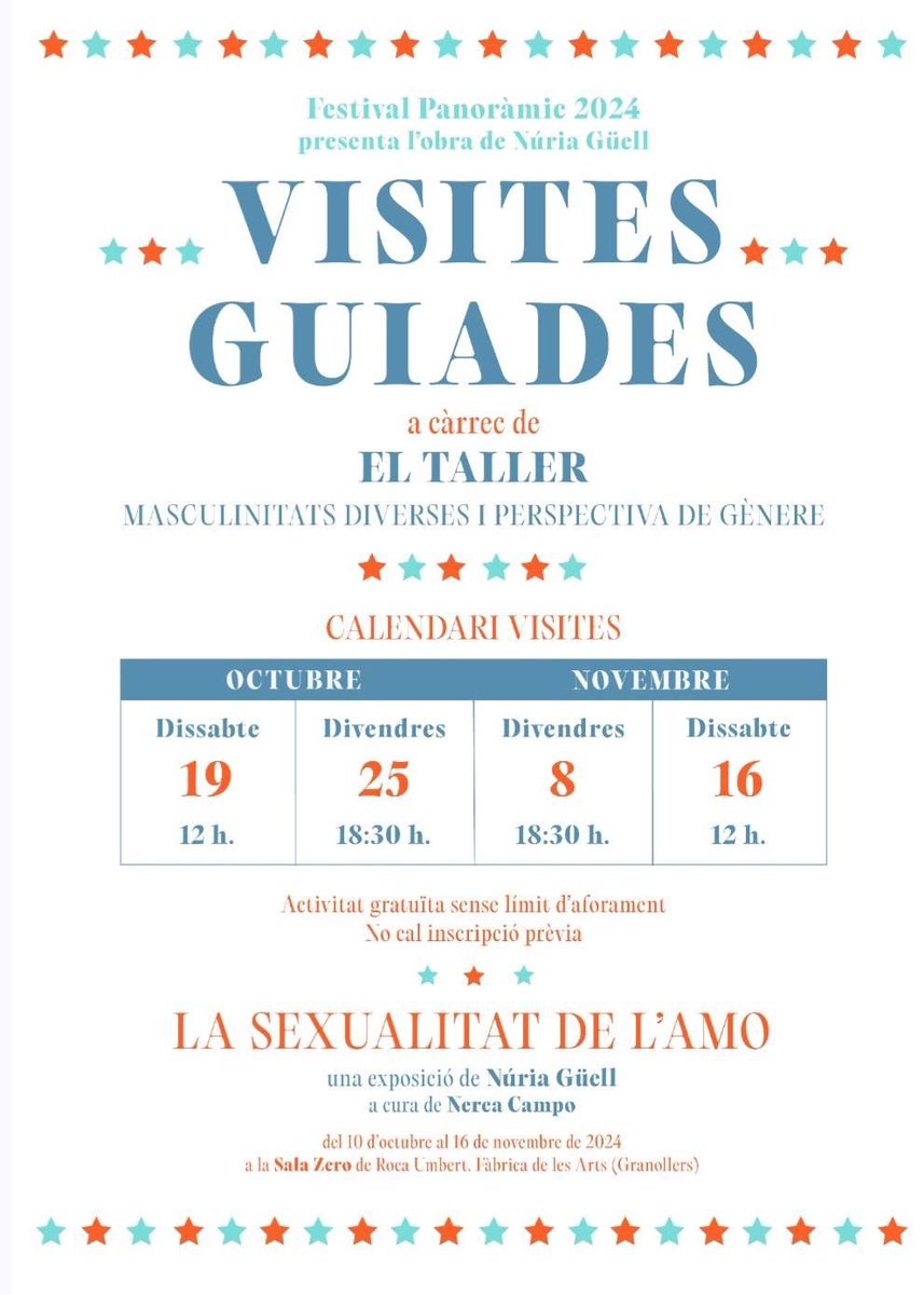 📣 No et perdis la primera #visitaguiada a l'exposició "LA SEXUALITAT DE L'AMO", amb Núria Güell en col·laboració amb El Taller Masculinitats Diverses

📍 19 d'octubre | 12 h | Espai d'Arts (Granollers)

Inscripcions gratuïtes a: rocaumbert.com/ca/agenda/c/32…