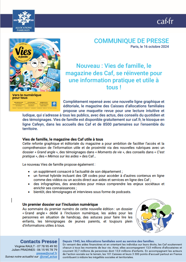 cnaf_actus's tweet photo. 🗞️#presse

 "Vies de famille" se réinvente ! 

Le magazine des Caf fait peau neuve pour offrir une information pratique et utile, accessible à tous les allocataires des Caf !

🔹 Une nouvelle maquette pour une lecture intuitive et ludique
🔹 Des contenus enrichis : actus, conseils du quotidien, témoignages inspirants

Une nouvelle maquette à découvrir sur https://t.co/ltoOpH7m3n et chez plus de 8500 partenaires relais