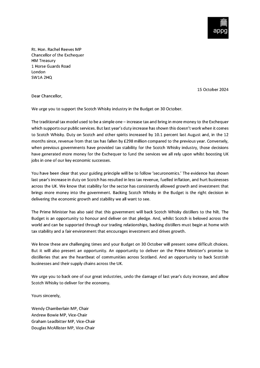 🚨 There is now cross-party consensus on the need to #SupportScotch in the <a href="/hmtreasury/">HM Treasury</a> Budget

Office bearers of the #ScotchWhisky APPG <a href="/wendychambLD/">Wendy Chamberlain</a> <a href="/AndrewBowie_MP/">Andrew Bowie</a> <a href="/GrahamSNP/">Graham Leadbitter SNP MP</a> <a href="/Labour_Douglas/">Douglas McAllister MP🌹</a> have urged <a href="/RachelReevesMP/">Rachel Reeves</a> to “back one of our great industries” 👇
