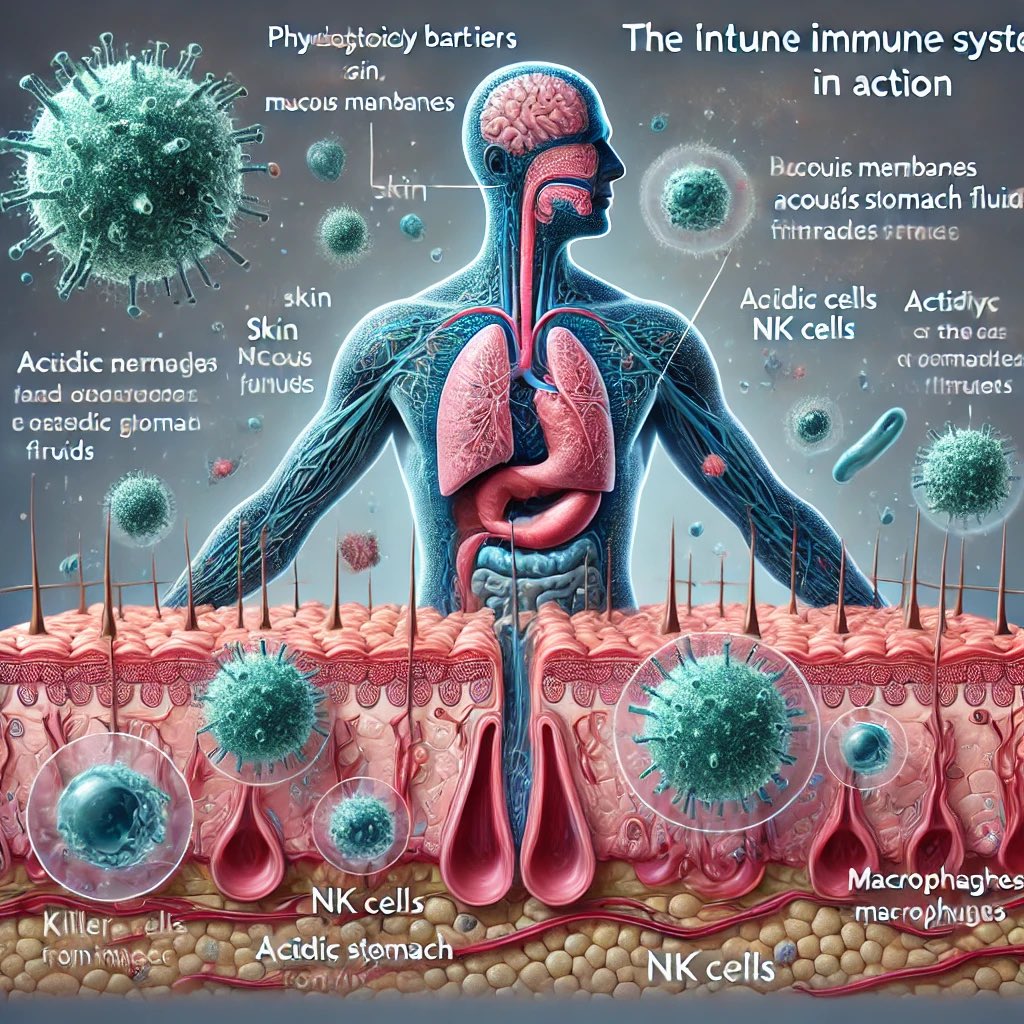 mkoglu76's tweet image. Doğuştan gelen bağışıklık, deri, mukozalar ve gastrointestinal asidik sıvılar gibi fizyolojik engellerden oluşur. Ayrıca, NK hücreleri ve makrofajlar gibi öldürücü hücreler de bu sistemi destekler. 🛡️ #BağışıklıkSavunması