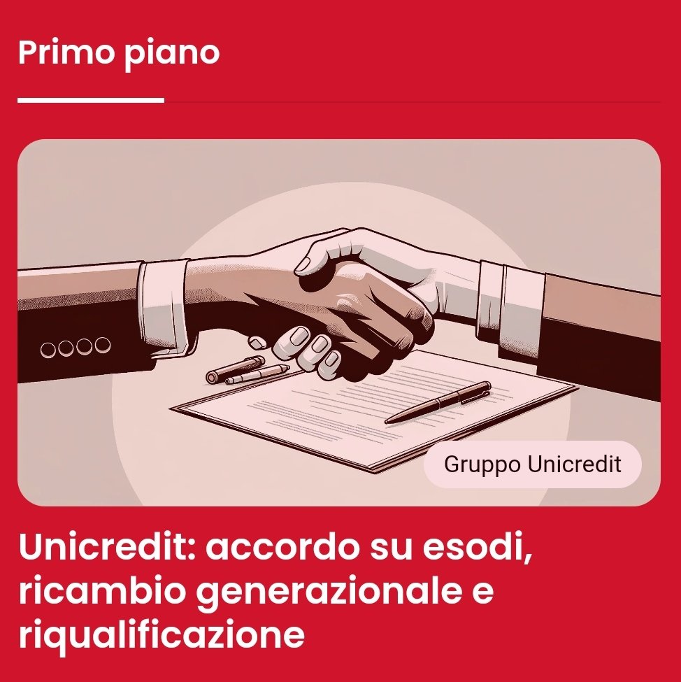 riccardo_sanna's tweet image. 🟥 #Unicredit: accordo su 1000 esodi volontari, ricambio generazionale con minimo 750 assunzioni complessive e riqualificazione per 600 lavoratrici e lavoratori.
🗣 Accordo innovativo per piena e buona occupazione.
#Lavoro #Formazione #Pensioni
fisac-cgil.it/?p=143231