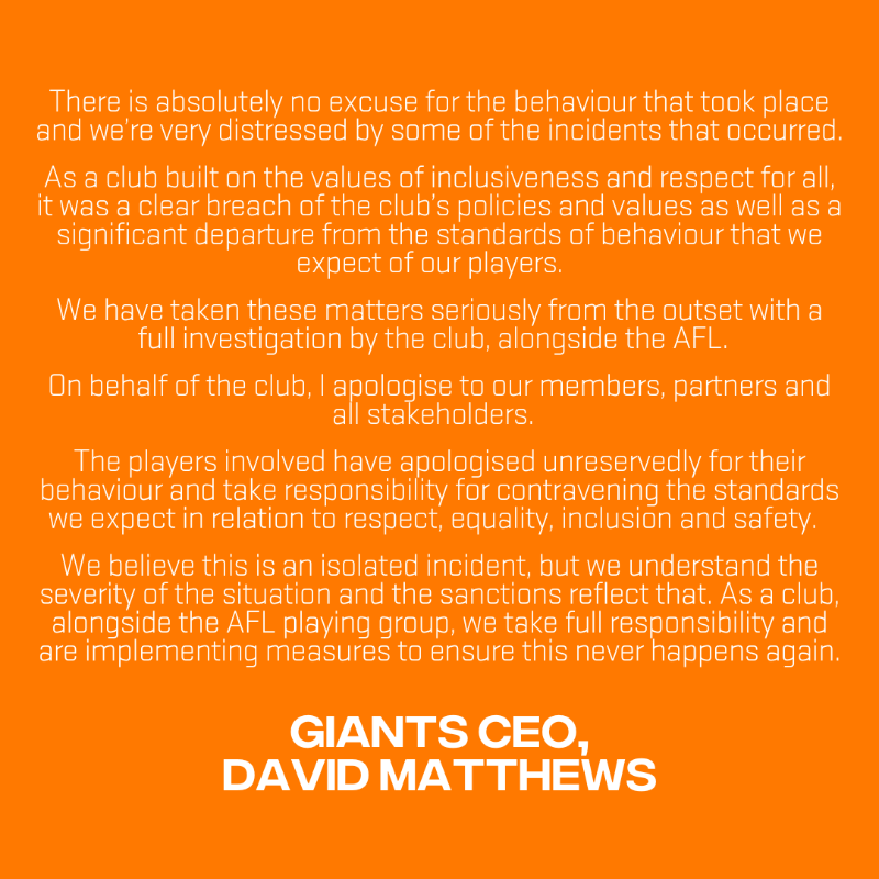 GWSGIANTS's tweet photo. The GIANTS have released the following statement.