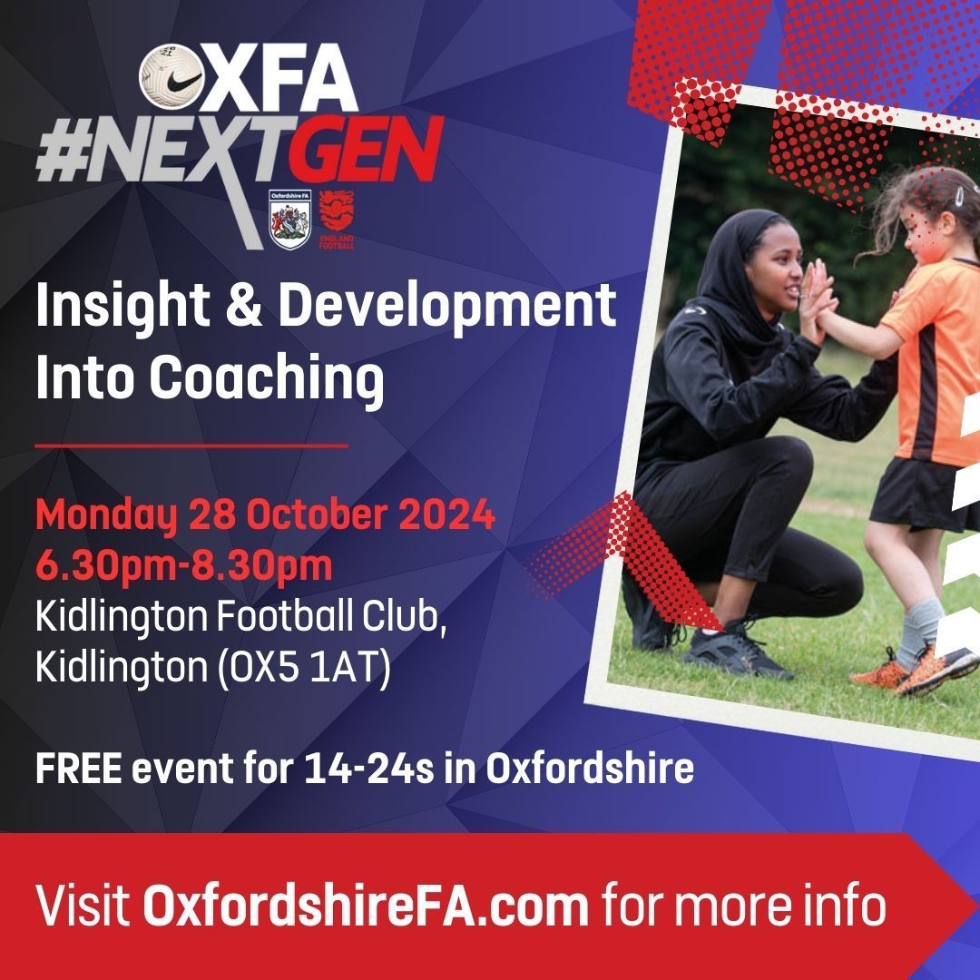 ICYMI...

Aged 14-24? ✅
Keen to get involved in coaching - or football in general? ✅

Join us for our first #NextGen event of the season! Taking place at Kidlington Football Club on 28 October. Learn more 👇

buff.ly/3BJZXUF