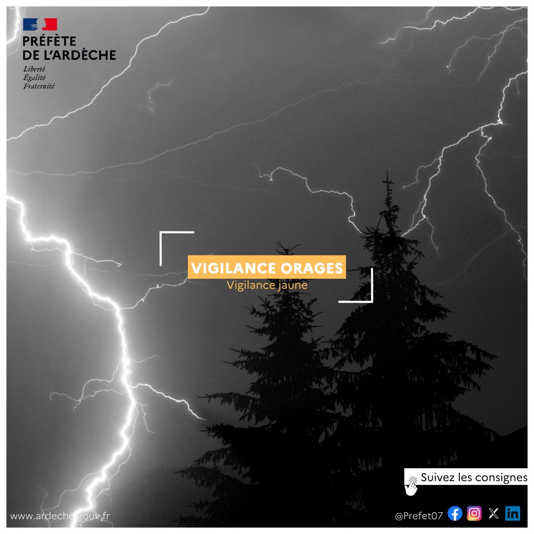 [7h30 le 17/10/24 - ÉVOLUTION DE LA SITUATION ]
#Meteo07 | ⛈ Météo-France maintient le département de l’Ardèche en :
🟠 vigilance orange pluie-inondation ;
🟠 vigilance orange crue les tronçons Ardèche amont, Ardèche aval, Baume-Chassezac et Ouvèze – Eyrieux,
🟡 vigilance jaune