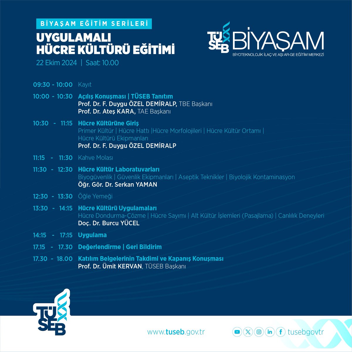 BİYAŞAM EĞiTiM SERİLERİ
UYGULAMALI HÜCRE KÜLTÜRÜ EĞİTİMİ

22 Ekim 2024 10.00’da teorik eğitimler ile başlayacak olup, laboratuvarda uygulamalı şekilde hücre çözme, hücre sayım ve pasajlama ile hücre dondurma tekniklerinin uygulamalı olarak gösterilmesi ile devam edecektir.