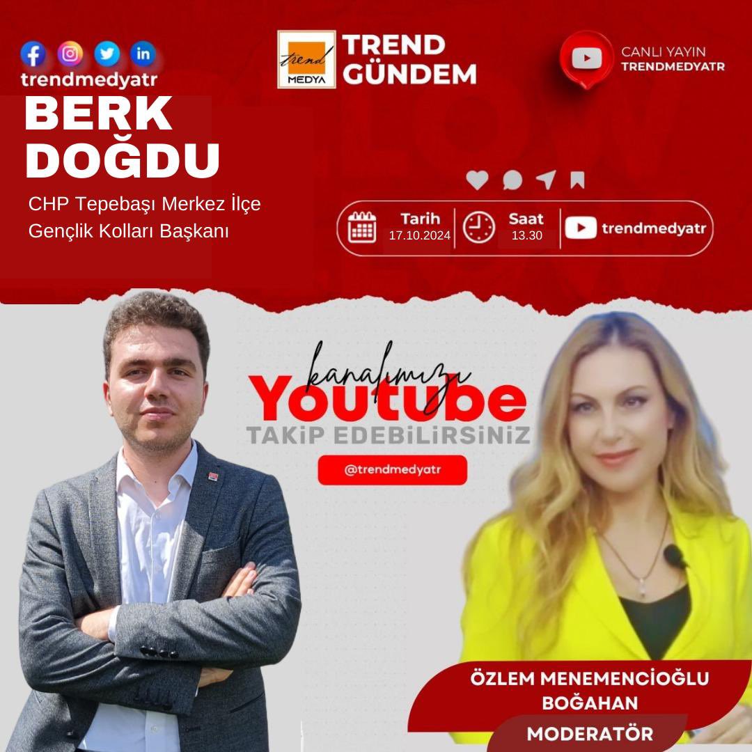 TRendMEDYA_'s tweet photo. 🎙️ CHP Tepebaşı İlçe Gençlik Kolları Başkanı Berk Doğdu Canlı Yayında!

Cumhuriyet Halk Partisi Tepebaşı İlçe Gençlik Kolları Başkanımız Berk Doğdu, Özlem Menemencioğlu Boğahan moderatörlüğünde TRend MEDYA’ya konuk oluyor!

📌 Gündem: 
✔️ Tepebaşı’nda gençlik politikaları ve projeler 
✔️ CHP’nin gençlik çalışmaları ve hedefleri 
✔️ Yerel siyasetin geleceğinde gençlerin rolü 
✔️ Bölgesel kalkınma ve toplumsal gelişim

📅 Tarih: 17 Ekim 2024 Perşembe
🕕 Saat: 13.30
📍 İzlemek için link: https://t.co/dU7EiRfue9

Gençlerin yerel siyasete katkılarını konuşacağımız bu yayını kaçırmayın!

#BerkDoğdu #CHPTepebaşı #TRendMedya #YerelGündem #CanlıYayın #GençlikSiyaseti