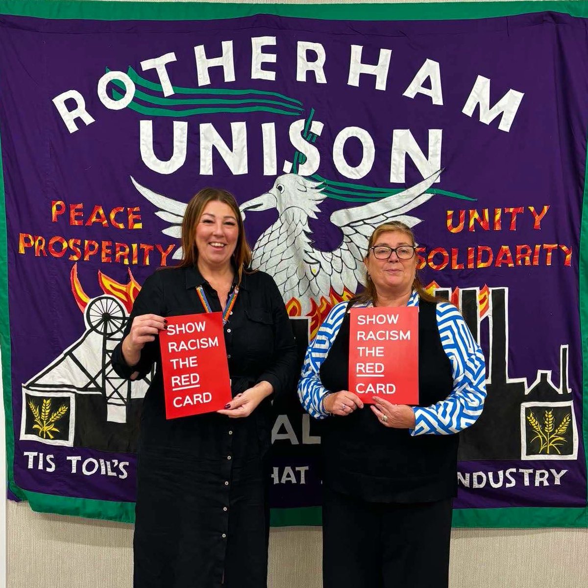 UnisonRotherham's tweet photo. @UnisonRotherham Branch  Secretary Kerri and @unisonyh Regional Secretary Karen showing their support for #StandUpToRacism 👏

Join us at our stall outside Riverside House at 12 to learn more about the anti-racism work the branch is doing and show your support ✊ https://t.co/h1lJTcKV7x