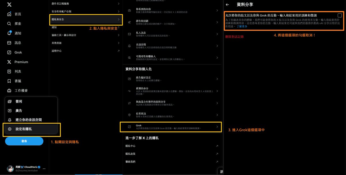 看到很多繪師和V朋友非常恐慌X要拿圖片做AI訓練的事
這邊分享一下如何取消Grok將我們的推文拿來訓練的方法！希望大家也可以分享出去🥲

1. 點開「設定與隱私」 > 「隱私與安全」> 「Grok」
2. 將「允許將你的貼文以及你與 Grok 的互動、輸入和結果用於訓練和微調」的選項勾選取消掉！