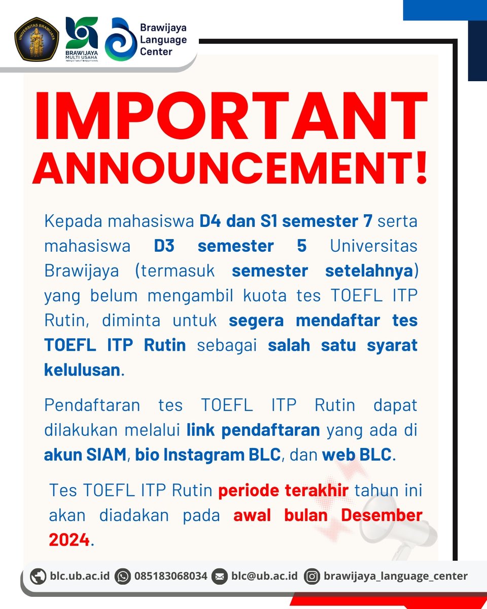 Hai, Kak!

Segera lakukan pendaftaran supaya bisa langsung masuk antrean ya 😁

<a href="/infoUB/">IG - LINE : infoub</a> <a href="/UB_Official/">Universitas Brawijaya</a> 
#toeflitp #toeflub #brawijayalanguagecenter