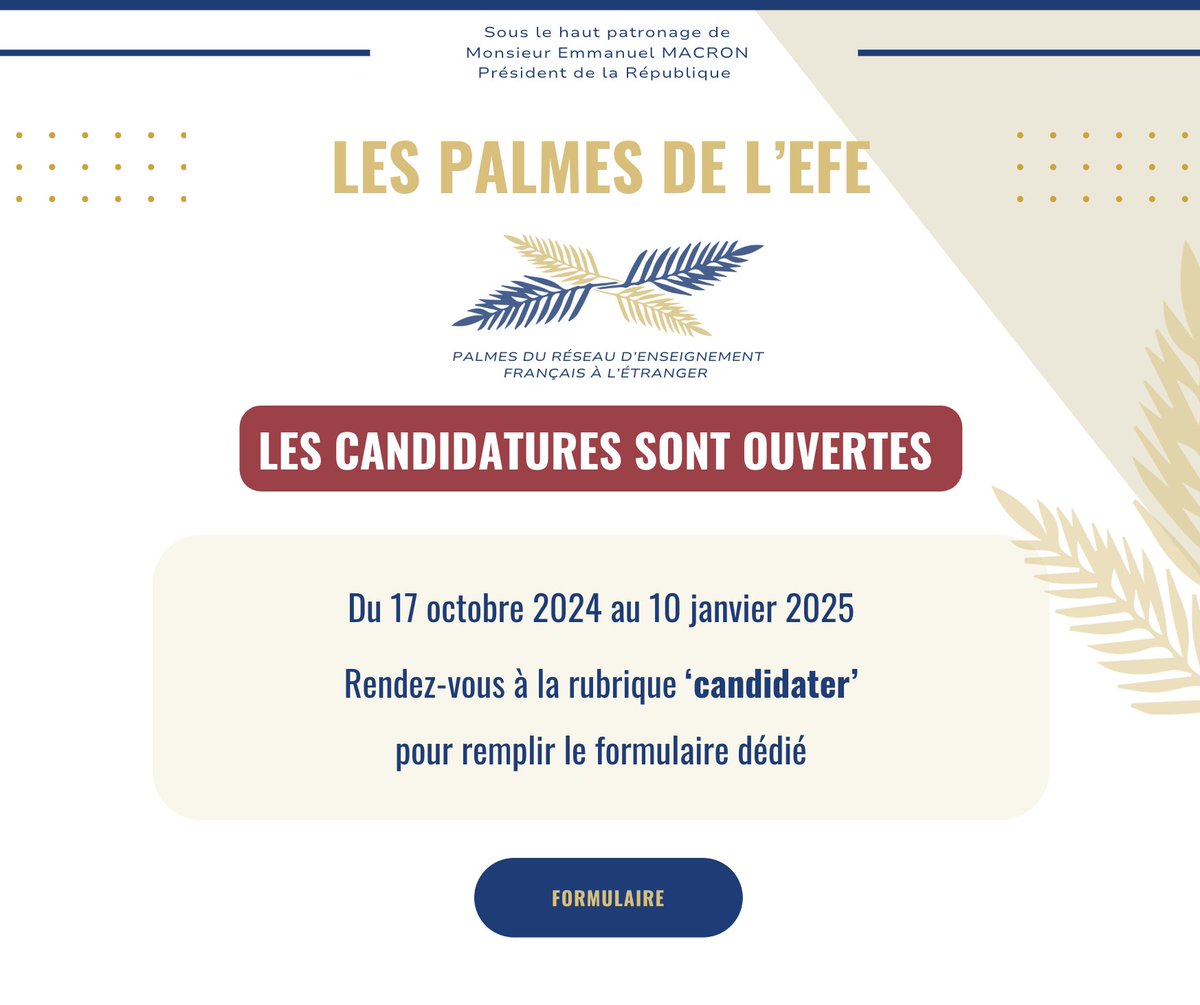 🚨 #PalmesEFE : le coup d'envoi est lancé ! Vous avez jusqu’au 10 janvier 2025 pour candidater à l'une des 7 Palmes du réseau de l’Enseignement Français à l’Étranger. 

🔗 Candidatez dès maintenant : reflexe-s.com/palmes-efe/can… 

Bonne chance à toutes et tous ! 🌟