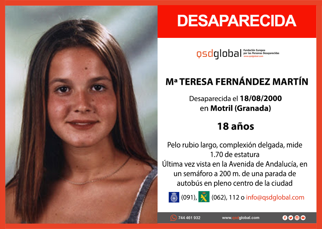 QSDglobal's tweet photo. SIN RASTRO DE Mª TERESA FERNÁNDEZ MARTÍN

El 18 de agosto del 2000 Mª Teresa iba a un concierto de Café Quijano junto a su novio en la feria de Motril. Su padre la dejó a escasos minutos de una céntrica parada de autobús, ahí se le perdió la pista

#TodosYTodoPorEncontrarla https://t.co/IzA1WW53eJ