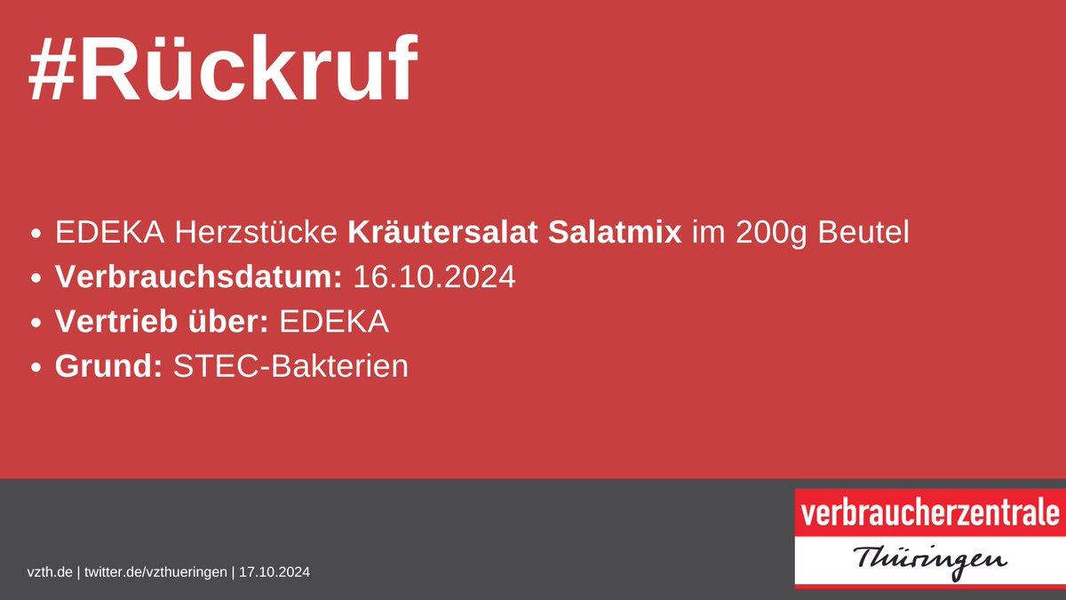 ‼️#Rückruf: #EDEKA Herzstücke Kräutersalat Salatmix im 200g Beutel, Verbrauchsdatum: 16.10.2024, Vertrieb über EDEKA, Grund: STEC-Bakterien
Alle Infos 👉lebensmittelwarnung.de/___lebensmitte…