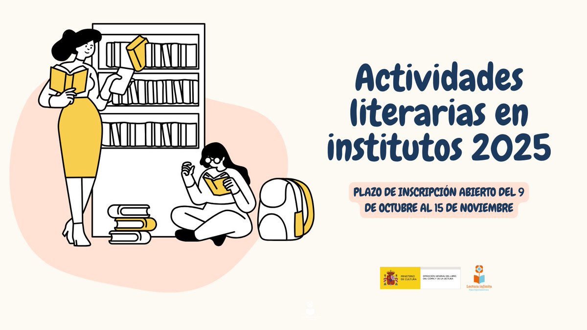 📢 Continúa abierto el plazo de inscripción para los programas de actividades literarias en institutos 2025

🔹Encuentros literarios en institutos: cultura.gob.es/cultura/libro/…
🔹Por qué leer a los clásicos: cultura.gob.es/cultura/libro/…

❗️Hasta el 15 de noviembre ❗️