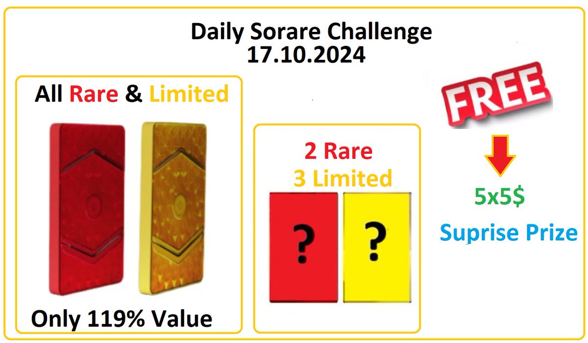 Its time for #Sorare Challenge 17.10.2024.
1⃣ 2 Rare and 3x Limited Cards for 5 random people who make at least one transaction with me within 24 hours.
2⃣ Swap all my Rare/Limited Cards for 119% of Your cards value.🔥
3⃣🆓5x5$ and Suprise prize for 6random people - just write