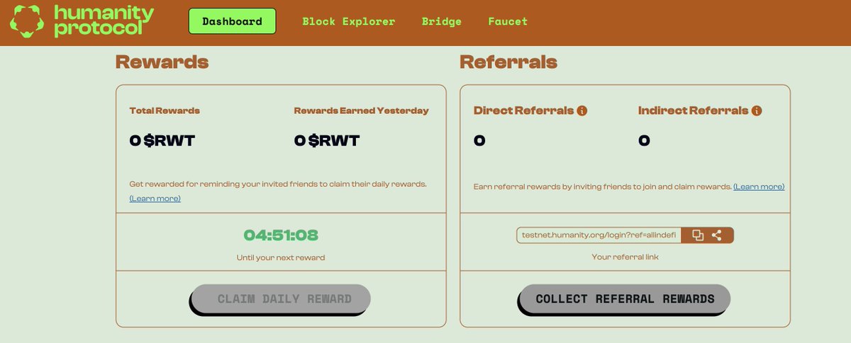🔥0撸项目参与一下：融资3000 万美元，估值10 亿美元的抗女巫区块链网络 Humanity 已开放创世奖励领取。可以每天领取$RWT奖励（测试网无gas成本）。

奖励领取：testnet.humanity.org/login?ref=alli…
邀请码：allindefi

领水：faucet.testnet.humanity.org