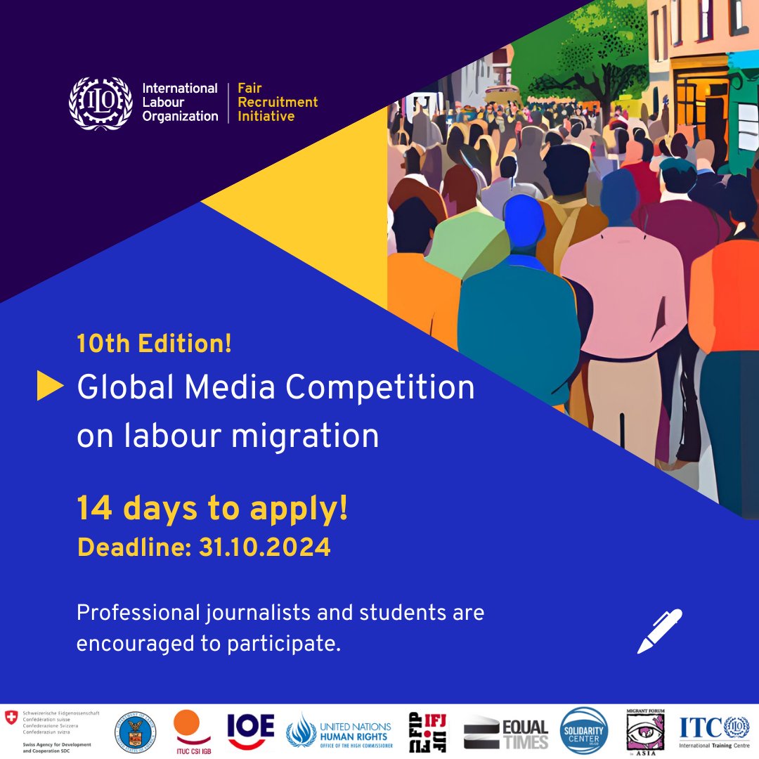 ituc's tweet photo. Are you a student or professional journalist? Participate in the 2024 Global Media Competition on Labour Migration organized by the ILO and its partners!

🗓️ Deadline: 31 October 2024
🔗 https://t.co/ZnP8bRpn1E
#Media4HumanRights https://t.co/jqjeOCsPa1