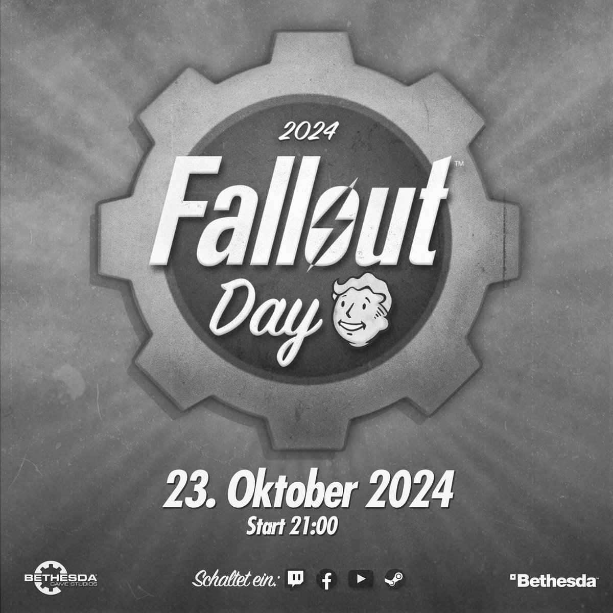 fallout_de's tweet photo. Zum #FalloutDay am 23. Oktober laden wir euch zu einer S.P.E.C.I.A.L - Übertragung auf Twitch ein, in der es eine Vorschau auf kommende Inhalte für Fallout 76 geben wird und vieles mehr! 
 
Danach könnt ihr die vom @FalloutForHope-Team organisierte Jubiläumsparade genießen 🎉 https://t.co/8trIvt5tv3