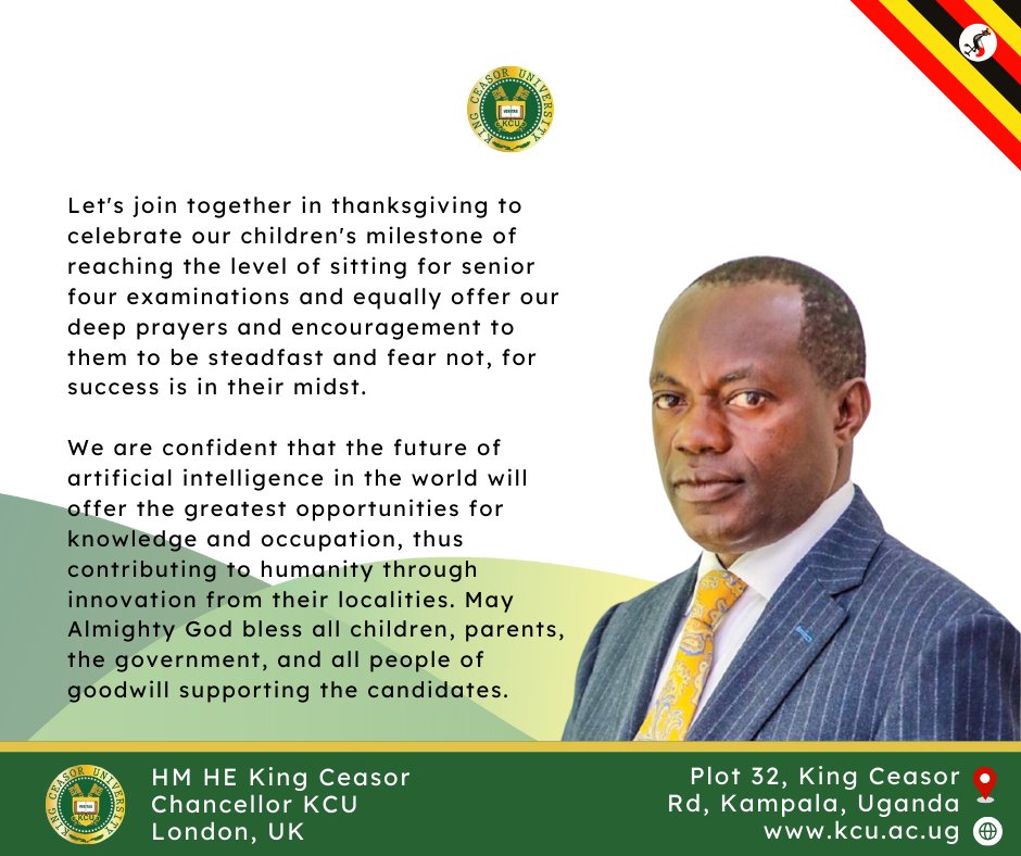 KingCeasorUni's tweet photo. On behalf of our Chancellor, King Ceasor University wishes all S.4 students the very best in your national exams. ๐๐ Stay confident, stay focused, and trust in your preparation. Youโve got this! โจ #ExamSuccess #S4Exams #FutureLeaders #KCU #kingceasoruniversity https://t.co/iho9LIMrPG