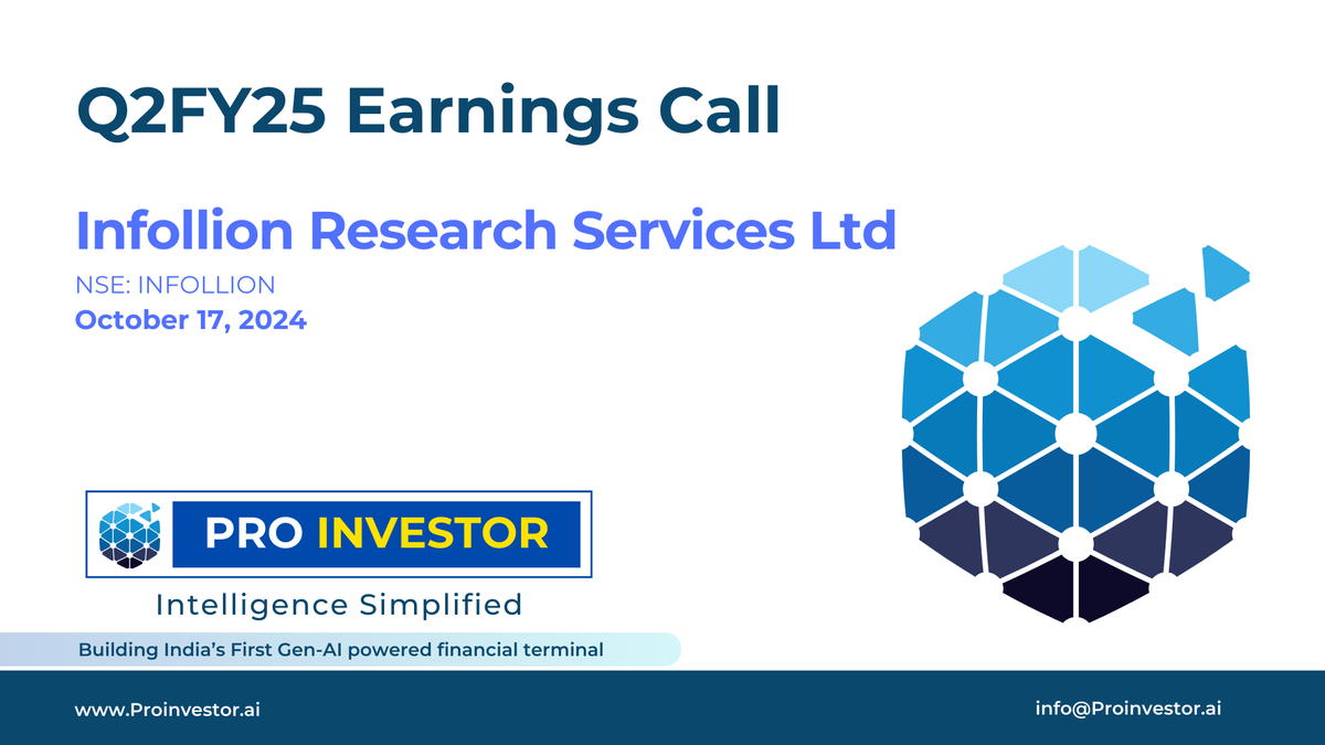 ProInvestor_AI's tweet image. Q2FY25 Earnings Concall 
INFOLLION RESEARCH SERVICES LTD.   
NSE: INFOLLION

Date: 17.10.2024    

#INFOLLION #earningcall #earningcalls #cnbctv18 #zeenews #zeebussnessnews #zeebusiness #earningcall #earningconcall #q2fy25results #q2fy25earnings #cnbctv18 #concall
