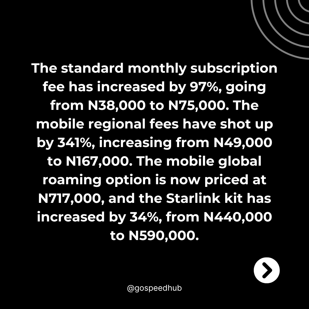 GoSpeedHub's tweet photo. Do you think the price increase will affect the number of subscribers in Nigeria?
Share your thoughts on the situation in the comments section below.Β
#STARLINK #starlinkNigeria #SPACEX #Internet #ElonMusk #internetprovider #nationalgrid #FutureWithMTNN #data #AIart #gospeedhub https://t.co/A3cvKnTJUR