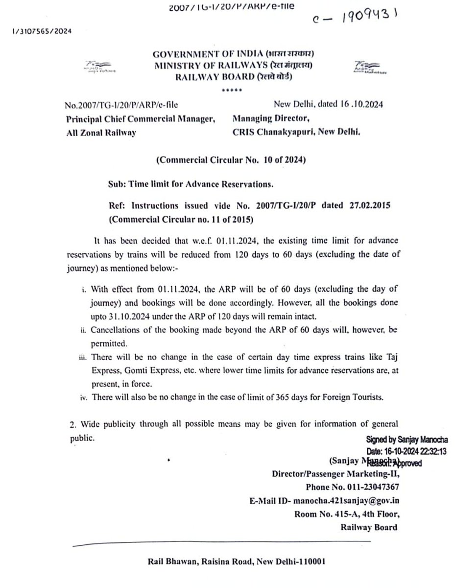 rajtoday's tweet photo. Indian Railways. Advance Train Reservation period now 60 days instead of 120 days from November 1. https://t.co/IJUSP106zy