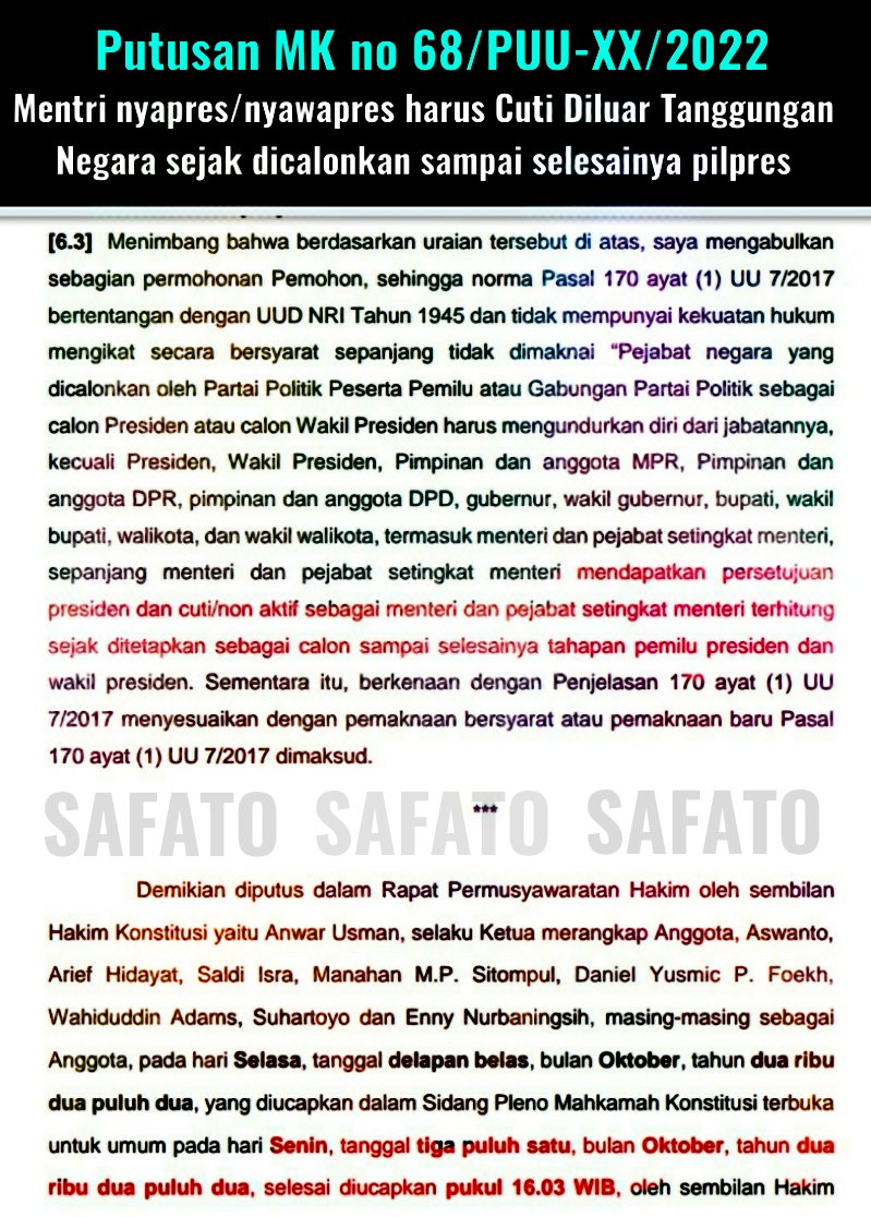 Safato_SFR's tweet photo. @democrazymedia Gara2 PP no 53/2023 psl 34 @prabowo haram dilantik kecuali akan mjd Presiden ILEGAL Krn dgn Put MK no 68 PUU-XX/2022 Paslon 02 &amp; 03 cacat hukum yg harus didiskualifikasi. @mprgoid , @officialMKRI , @KPU_ID , @aniesbaswedan , @ganjarpranowo , @Yusrilihza_Mhd  , @mohmahfudmd https://t.co/OBg0BcJTYC