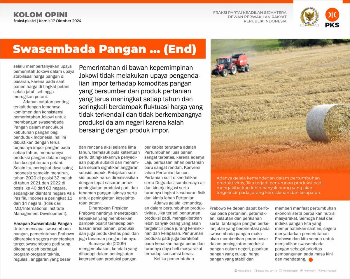 FPKSDPRRI's tweet image. Swasembada Pangan, PR Berat Pemerintahan Prabowo‼️

|| Johan Rosihan (Anggota Fraksi PKS DPR RI) -- @Rosihanjohan

#fraksipksdprri 
#PKSpembelaRakyat 
#PKS