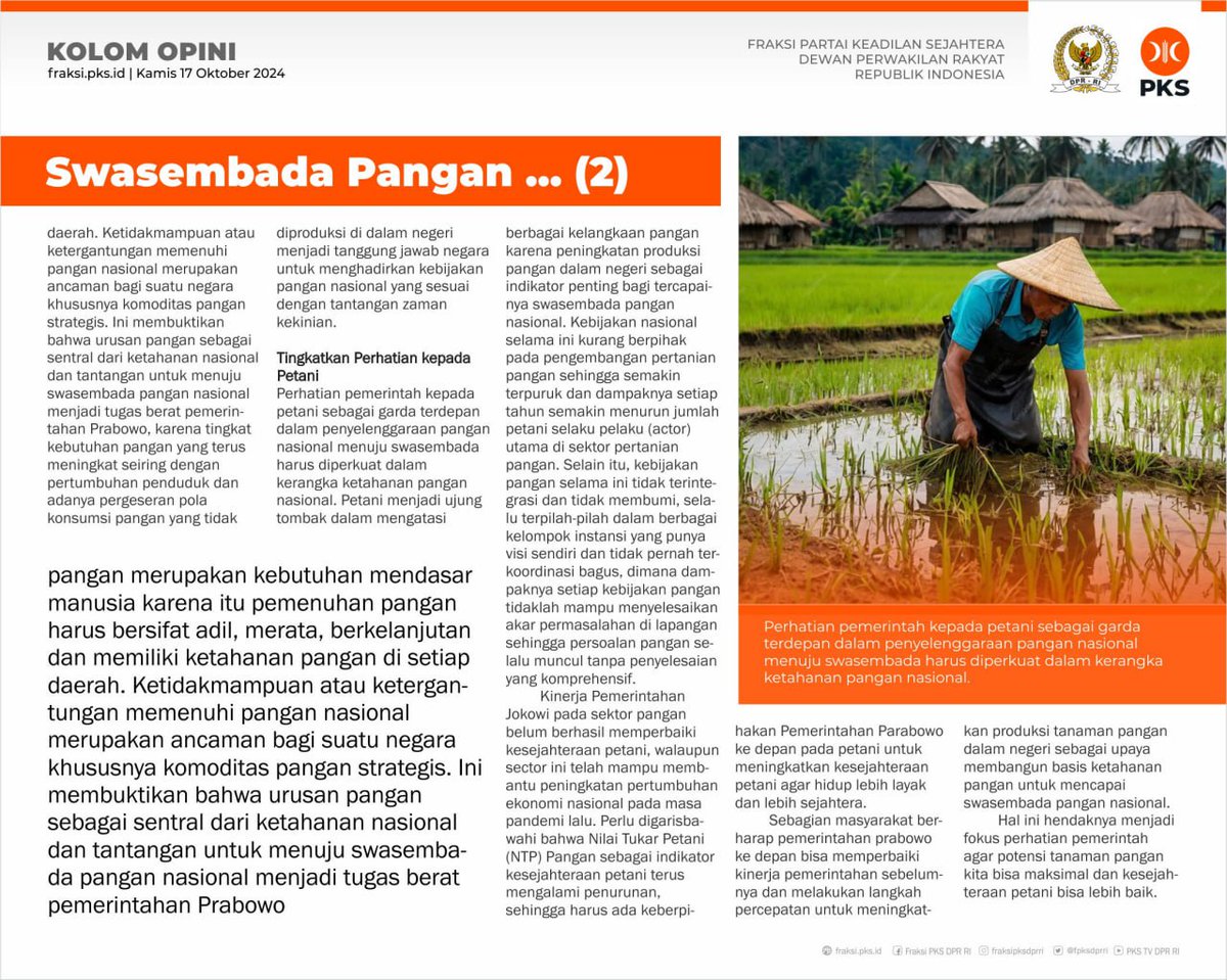 FPKSDPRRI's tweet image. Swasembada Pangan, PR Berat Pemerintahan Prabowo‼️

|| Johan Rosihan (Anggota Fraksi PKS DPR RI) -- @Rosihanjohan

#fraksipksdprri 
#PKSpembelaRakyat 
#PKS