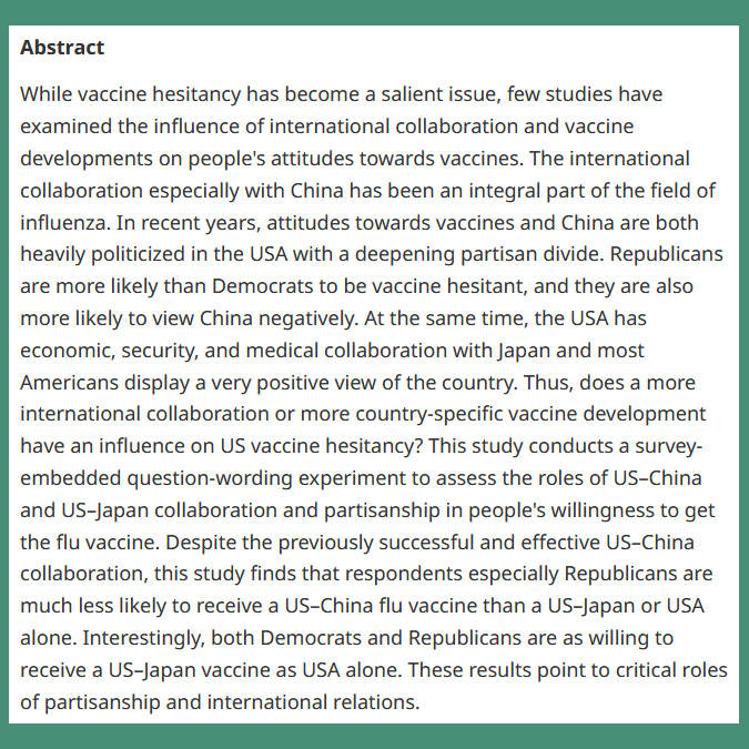 jjps_eds (@jjps_eds) on Twitter photo #OpenAccess from our new issue -
The politics of flu vaccines: international collaboration and political partisanship - cup.org/4dSQNT4
- Rigao Liu (@kupoliticalsci), Haruka Nagao (@okstatepolisci), <a href="/WilliamHatungi1/">William Hatungimana</a>, <a href="/HanFeiTzu/">Jack Zhang</a> & John James Kennedy (<a href="/KUPolitics/">KU Politics</a>)
#jjps #OpenAccess from our new issue -
The politics of flu vaccines: international collaboration and political partisanship - cup.org/4dSQNT4
- Rigao Liu (@kupoliticalsci), Haruka Nagao (@okstatepolisci), <a href="/WilliamHatungi1/">William Hatungimana</a>, <a href="/HanFeiTzu/">Jack Zhang</a> & John James Kennedy (<a href="/KUPolitics/">KU Politics</a>)
#jjps