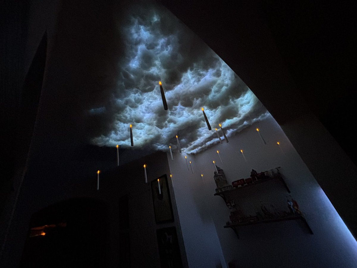 thelarin's tweet photo. Our Harry Potter ceiling project is complete #harrypotter #floatingcandles #lightningstorm https://t.co/T084Z5tqW3