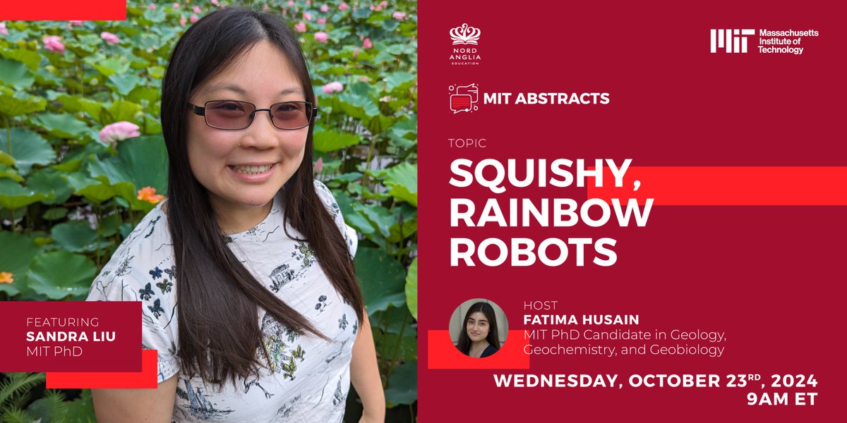mit_nae's tweet image. Thrilled to welcome recent @mit @MIT_CSAIL alum Sandra Liu to the MIT Abstracts series! Tune in next Wednesday 10/23 to learn about Sandra’s squishy rainbow robots that mimic the human palm 🌈 🤖 #mit #mitnae @MIT_alumni @FatimagulHusain #robots #CSAIL