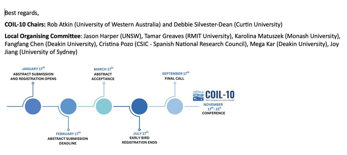 Coil10Perth's tweet image. Exciting developments for COIL-10 in Perth, Australia. 

See the details below for the topics, invited Plenary and Keynote speakers, information about Perth and the local organising committee.

Don&apos;t miss this exciting conference to discuss all things Ionic Liquids! Nov 2025.