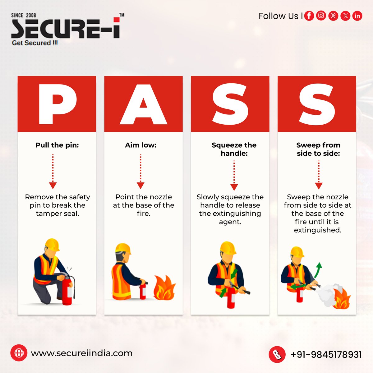 secureiindia's tweet image. Do you know how to use a fire extinguisher? 🧯

Follow the PASS technique: Pull, Aim, Squeeze, Sweep. Simple steps to stay safe in emergencies!
.
.
#securei #fireextinguisher #passmethod #firesafety #FireSafetyTips