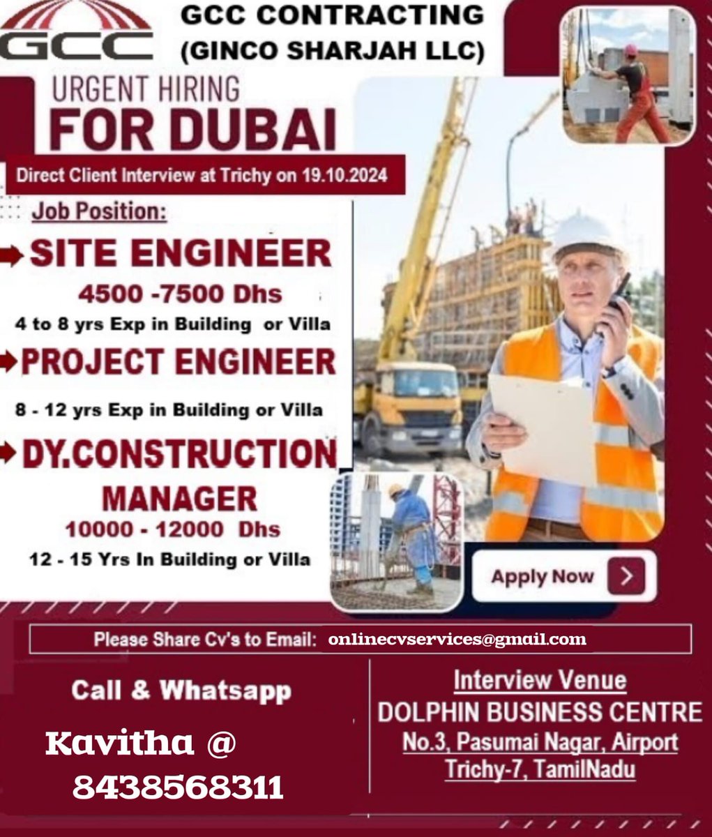 Mohandes_pon's tweet image. Walk-in-interview/19.10.24/Trichy/Client Interview 
#JobVacancy_Alert
#uaejobs
#engineeringjobs 
#construction
They are looking for Chargehand, foreman, supervisor too.