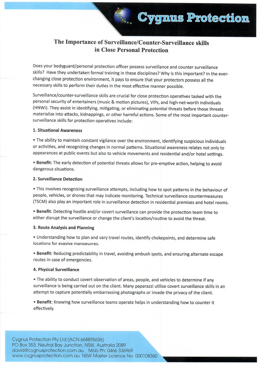 CygnusAus's tweet image. Short article discussing the importance of Surveillance &amp;amp; Counter-Surveillance skills for CPP Operatives.  Feel free to comment or add feedback. 

#closeprotection #closepersonalprotection #CPPoperations #bodyguard #HNWIsecurity #celebrityprotection #VIPProtection #security
